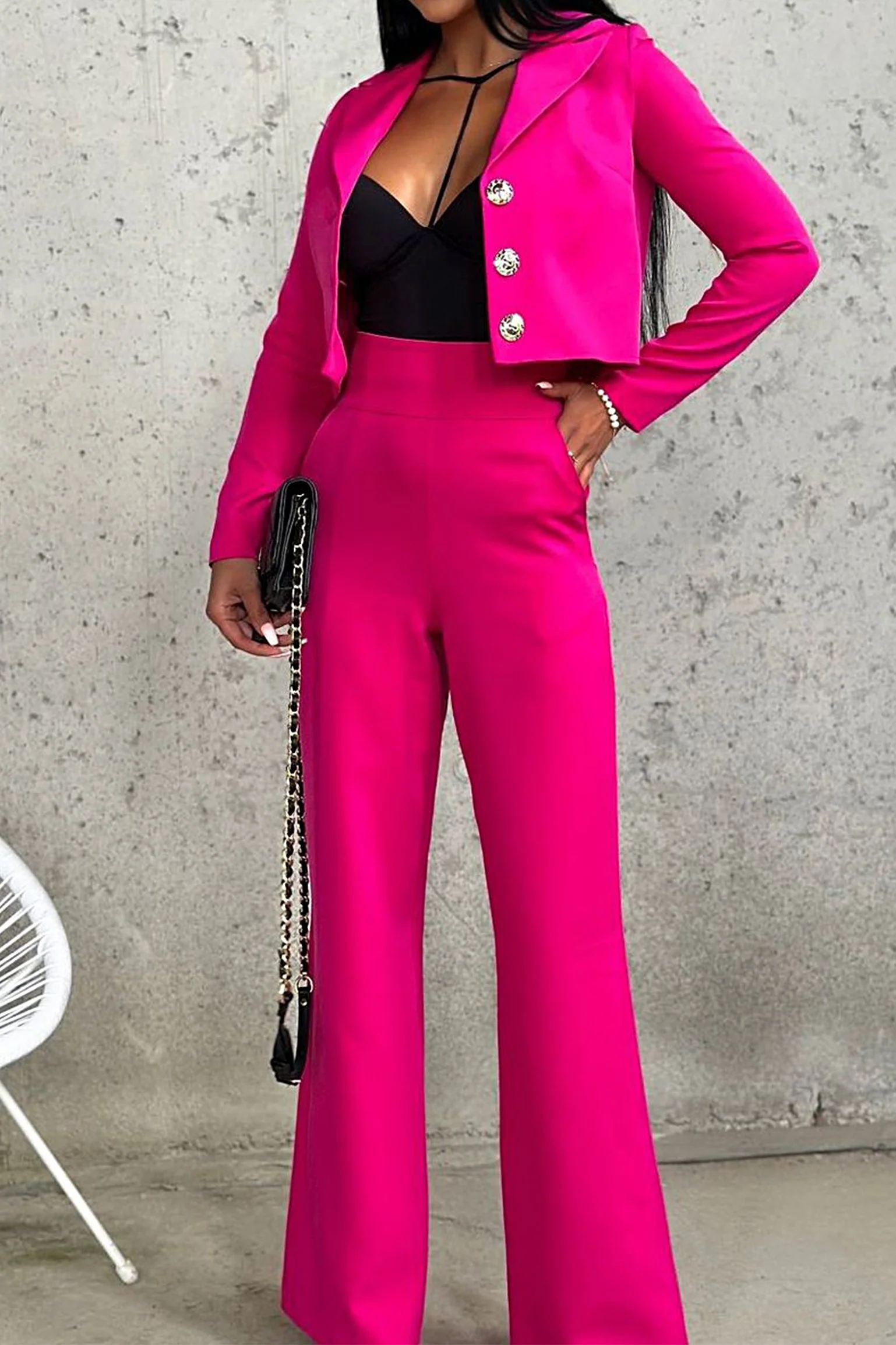 Women's Solid Color Short Coat, Top and Pants Two-piece Set