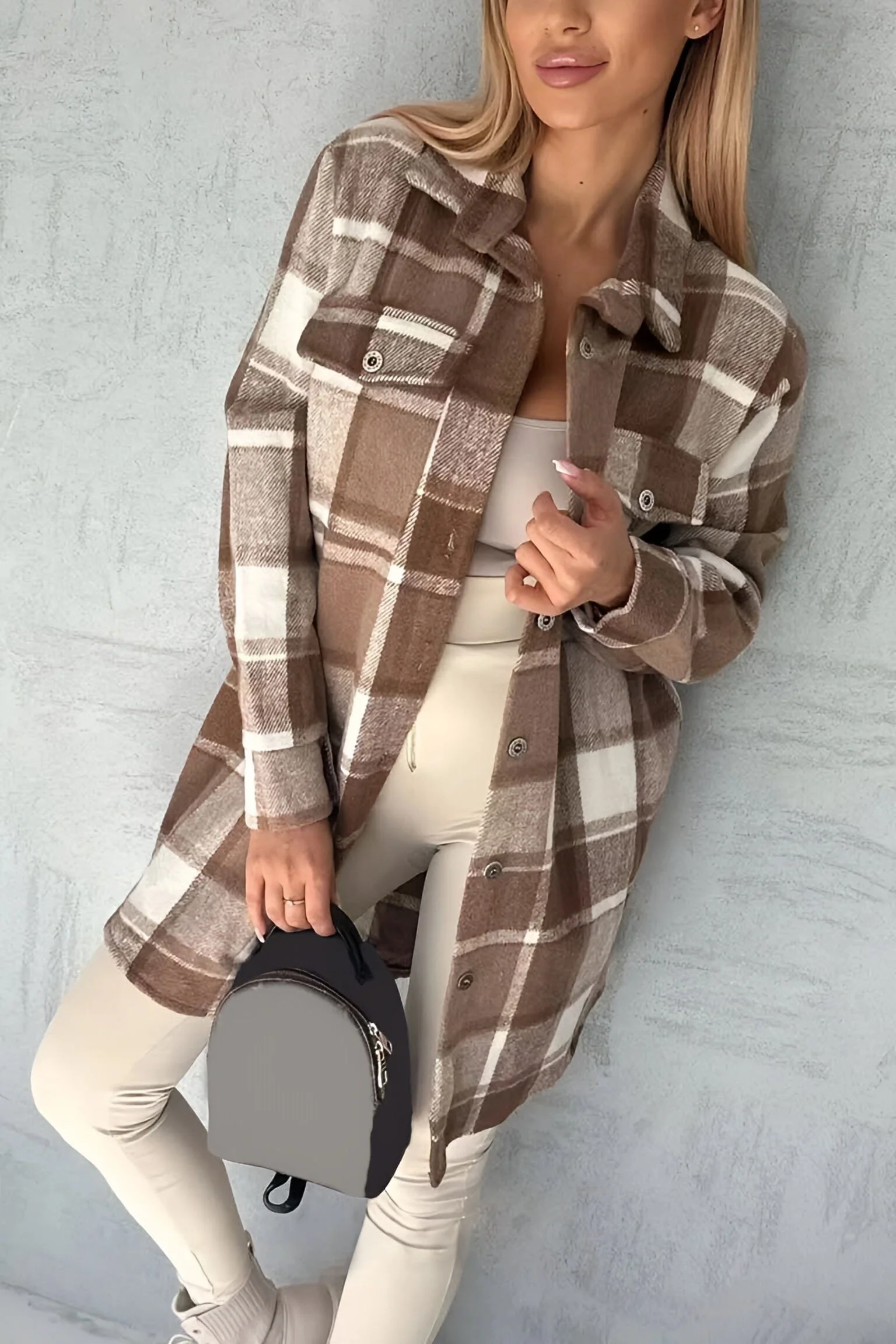 Women's casual loose plaid mid-length coat