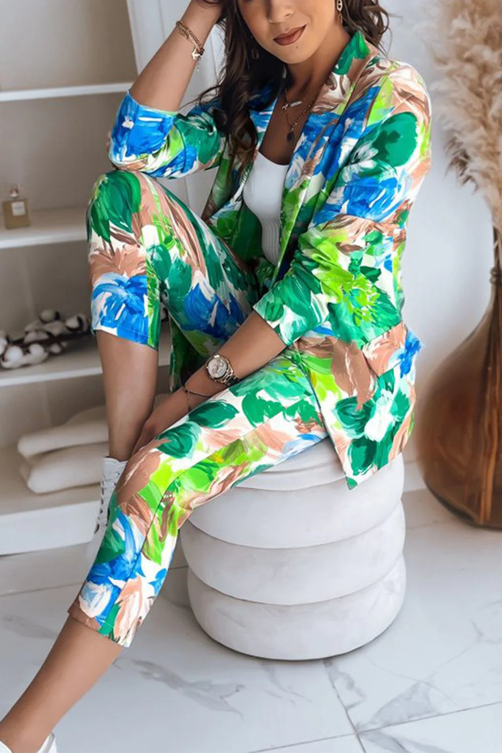 Women's Printed Blazer and Pants Two-piece Set