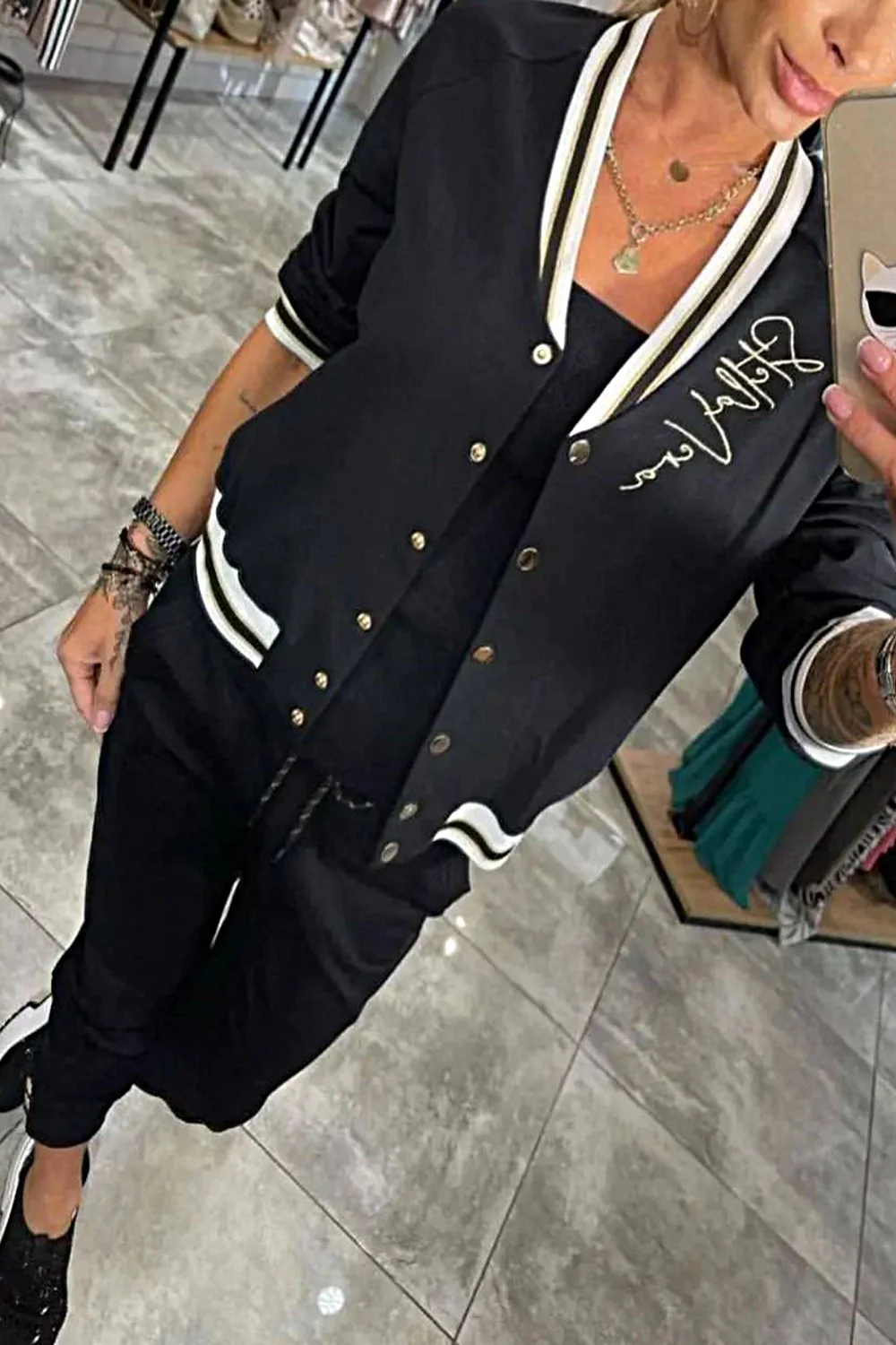 Women's Baseball Jacket Top & Stretch Pants Two-piece Set